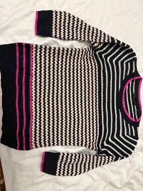 J. Crew Black, Pink & Cream Striped Chevron Crewneck Sweater